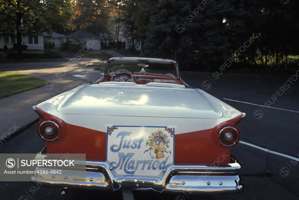 1950S Just Married Sign On Back Of Ford Convertible Car