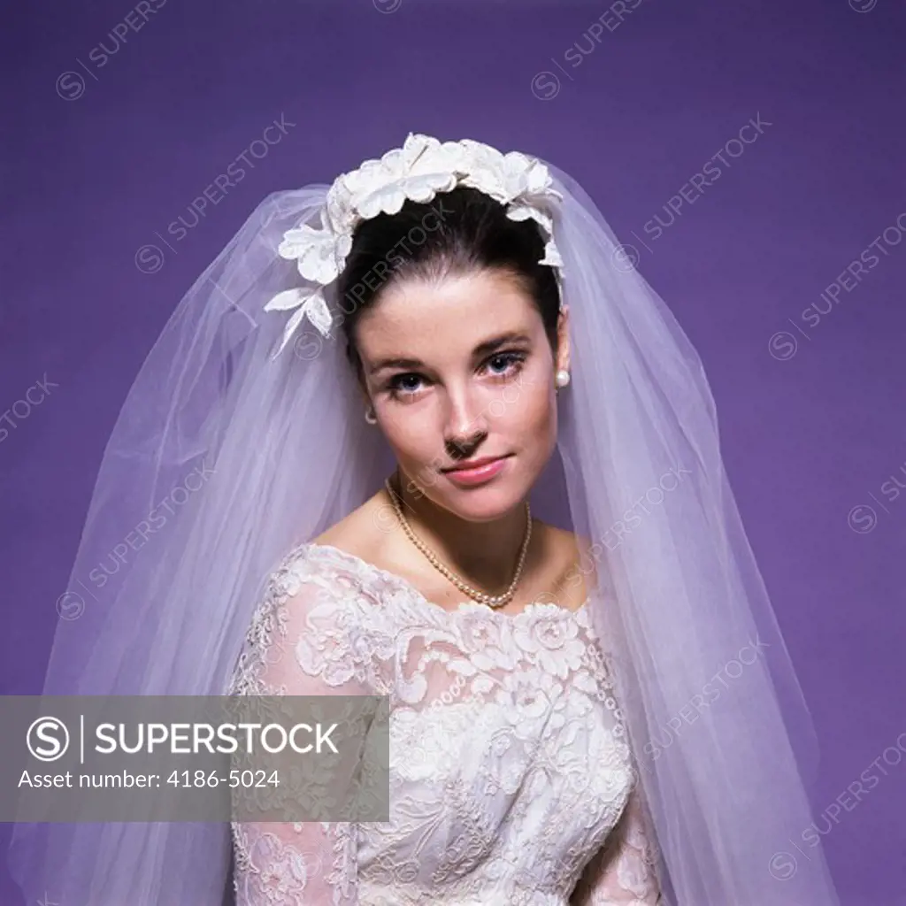 1960S Young Woman Bride Portrait Bridal Veil Head Shoulders Smiling Pearls