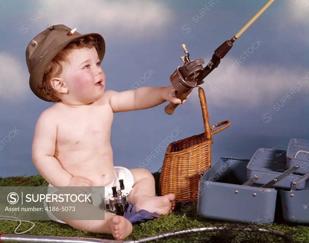 Baby With Fishing Hat And Gear Holding Fishing Rod Studio Tackle Box Creel Basket