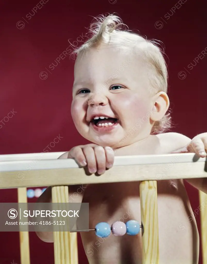 1960S Laughing Blond Baby In Crib Or Playpen