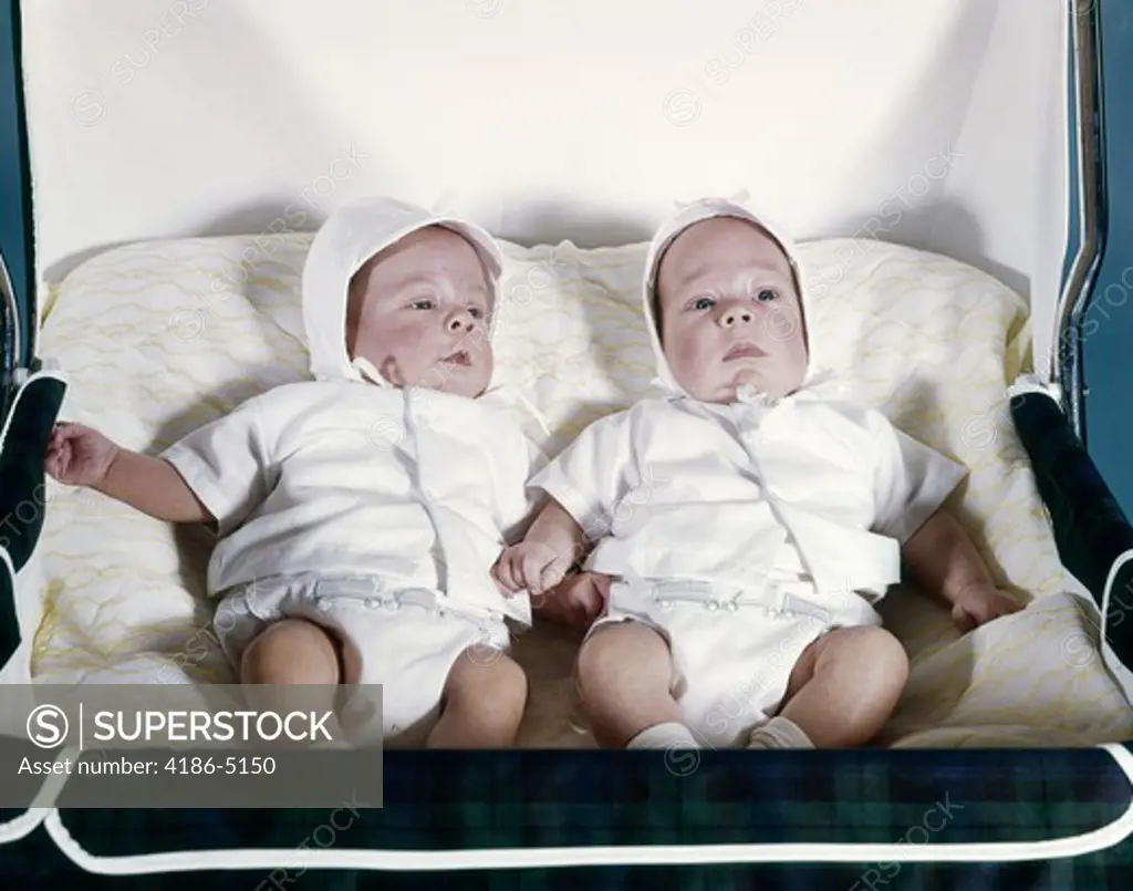 1950S 1960S Twin Boys Dressed In White Lying In Stroller Side By Side