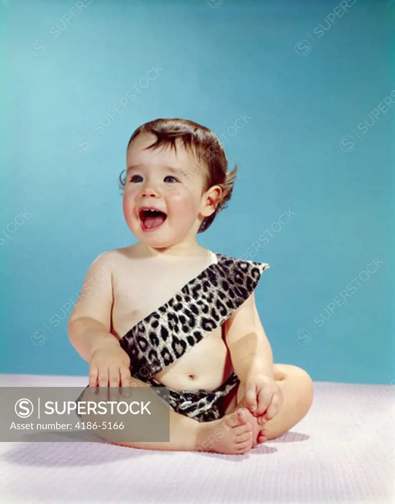 1960S Laughing Happy Baby Mouth Wide Open Wearing Leopard Print Tarzan Caveman Costume