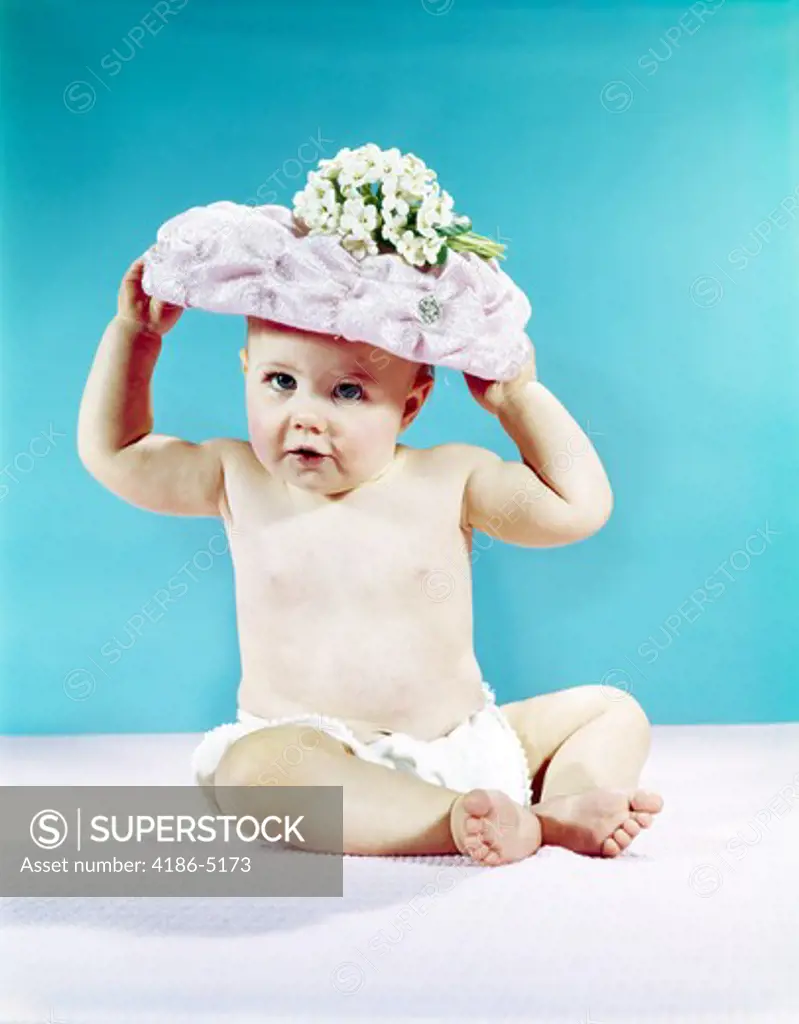 1960S Baby Girl Wearing Flowered Spring Easter Bonnet Hat