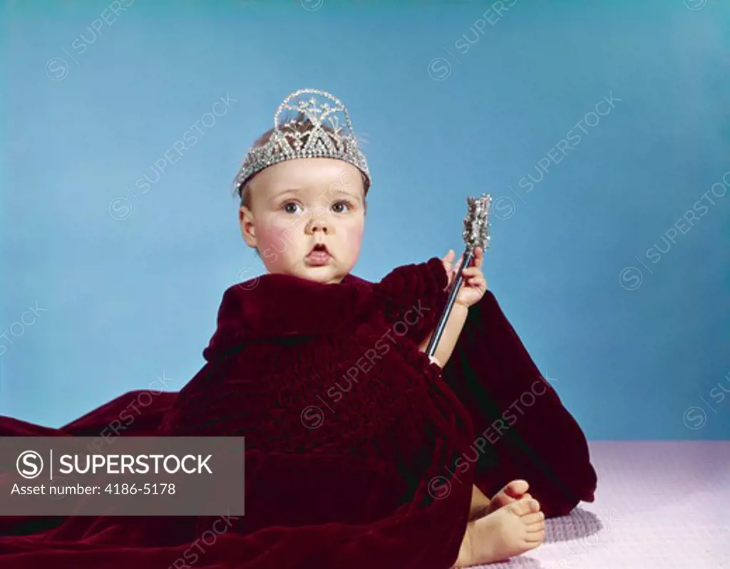1960S Baby Dressed As Royal Queen Velvet Robe Cloak Cape Rhinestone Tiara Crown And Scepter Wand