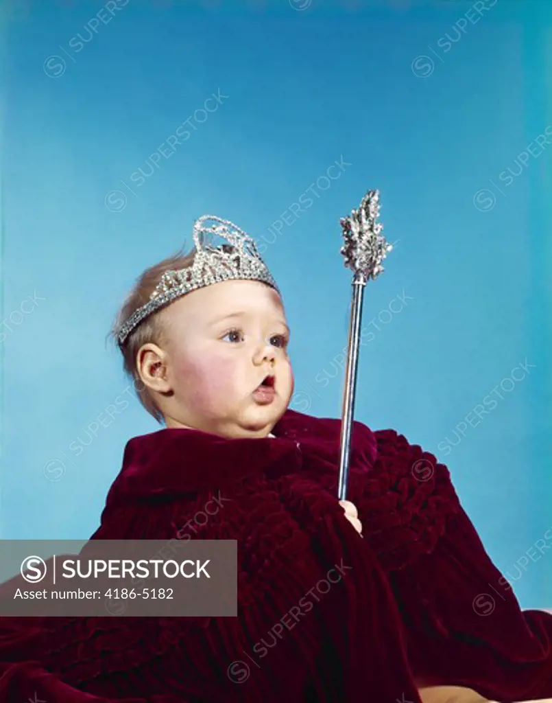1960S Baby Dressed As Royal Queen In A Velvet Robe Cloak Cape Rhinestone Tiara Crown And Scepter Wand