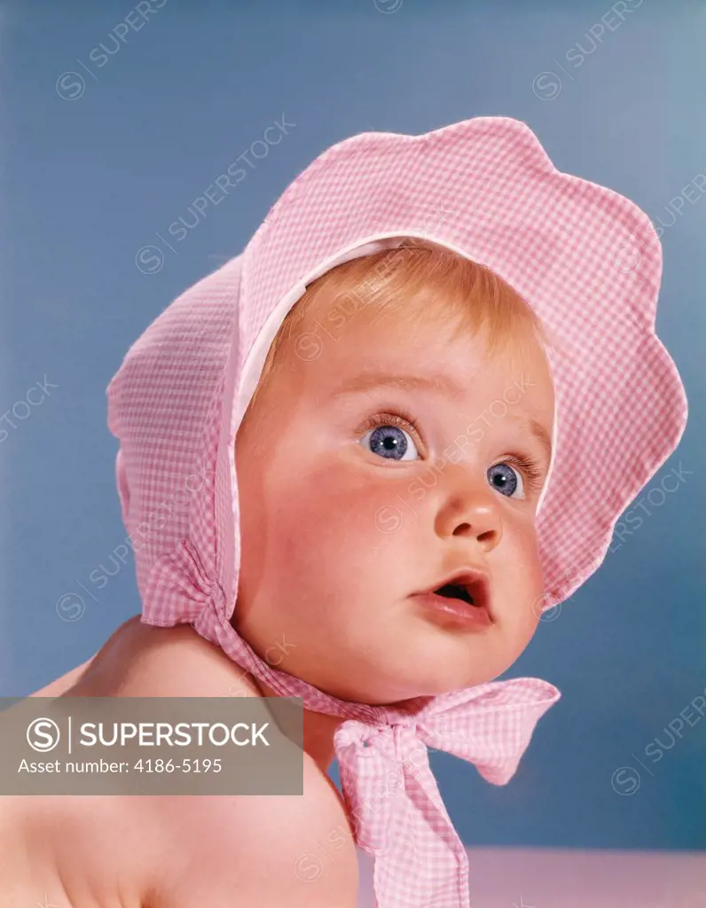 1960S Very Cute Blue Eyed Baby Wearing Pink White Checked Bonnet Looking Up