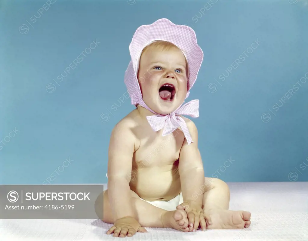 1960S Baby Wearing Pink Checked Bonnet Laughing