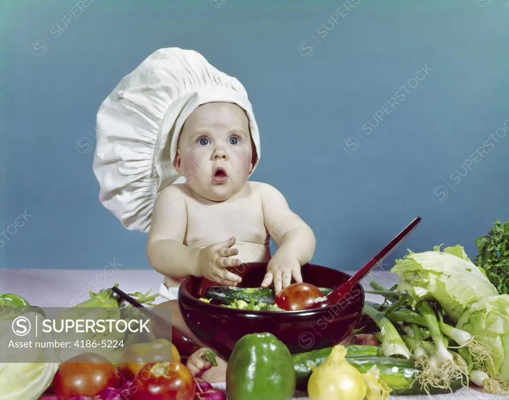 1960S Baby Wearing Chef Hat About To Toss Salad With Hands Wooden Salad  