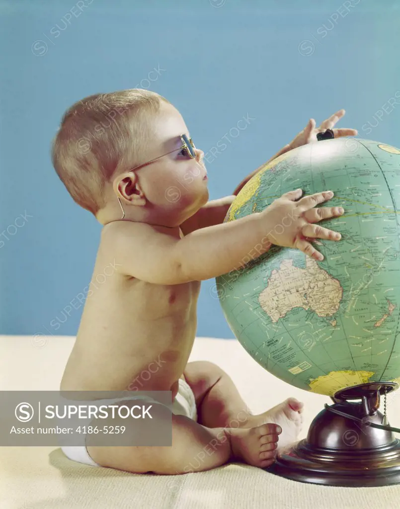 1960S Baby Wearing Eyeglasses Hugging The World Globe Earth
