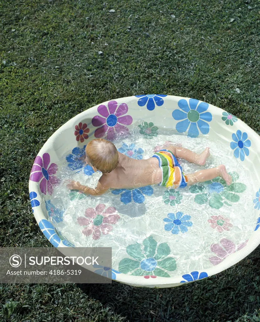 1970S Baby Playing Swim Swimming Plastic Flowered Design Wading Child Backyard Pool