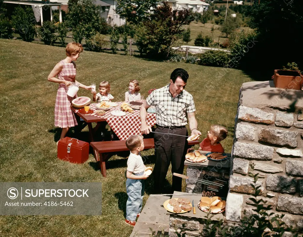 1960S Family Father Mother Two Daughters Two Sons Backyard Bar-B-Que Outdoor