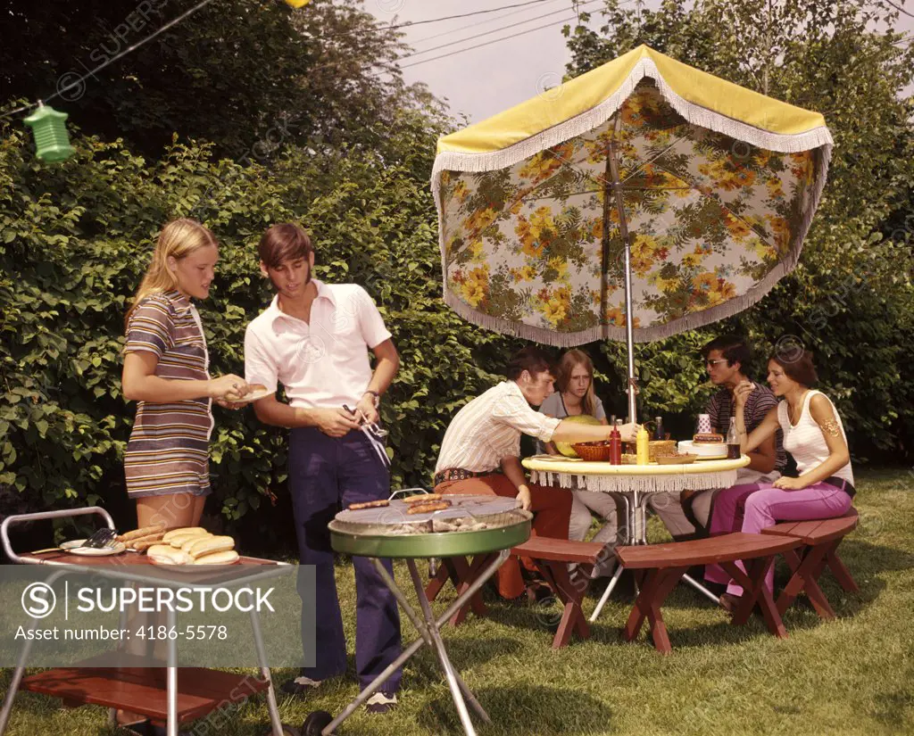 1970S Group Teenagers Boys Girls Backyard Grilling Table Umbrella 