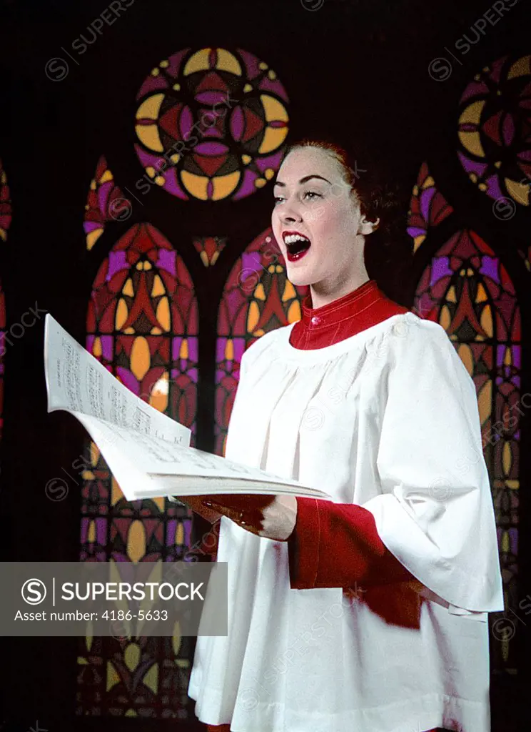 1950S Woman Singing Choir Robe Stained Glass Background