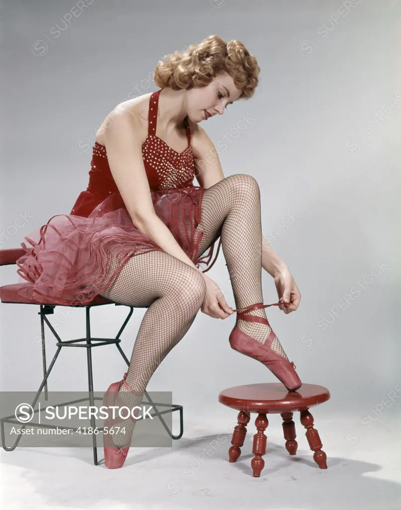 1960S Teen Girl Woman Red Velvet Costume Pink Net Tutu Foot Stool Tie Ballet Slipper Shoe Fishnet Stockings