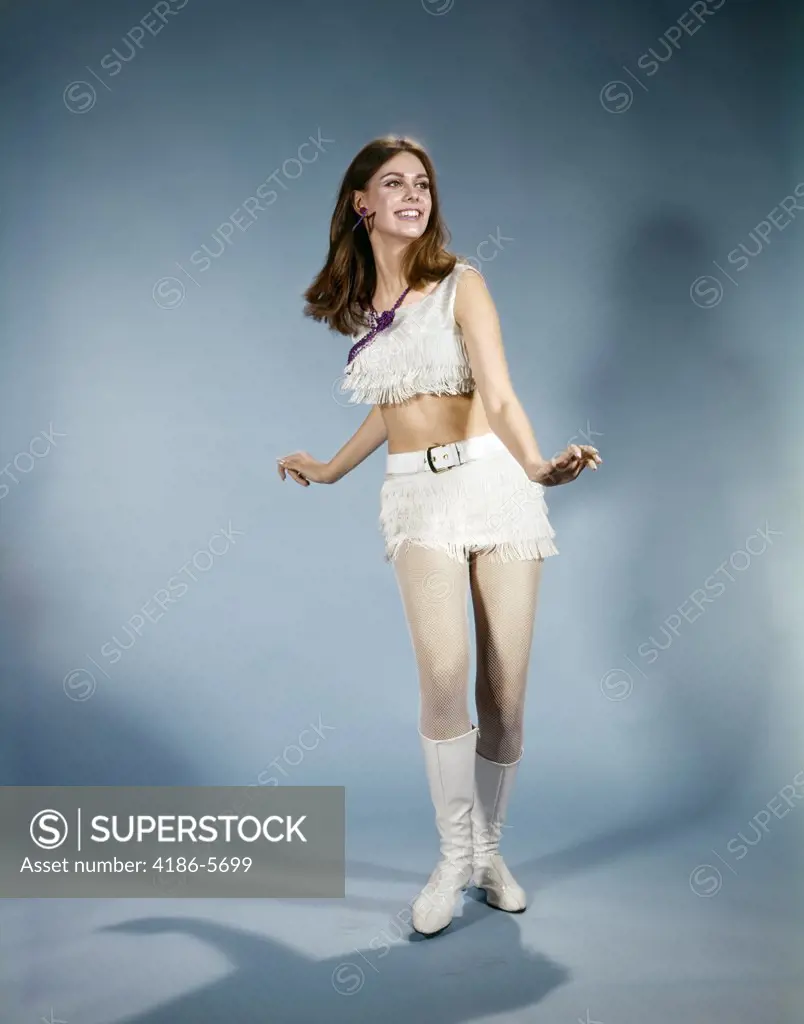 1970S Young Woman Dancing White Fringed Hot Pants Gogo Boots