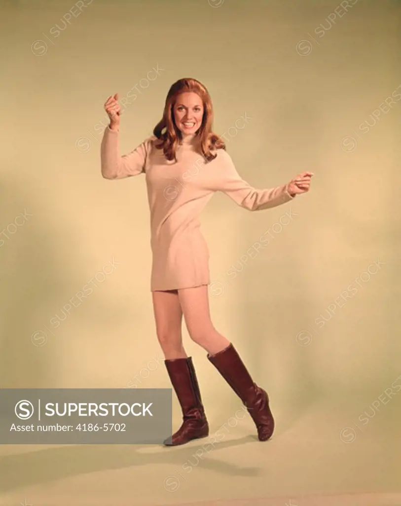 1960S Woman Dancer In Tan Dress And Boots White Fishnet Stockings   