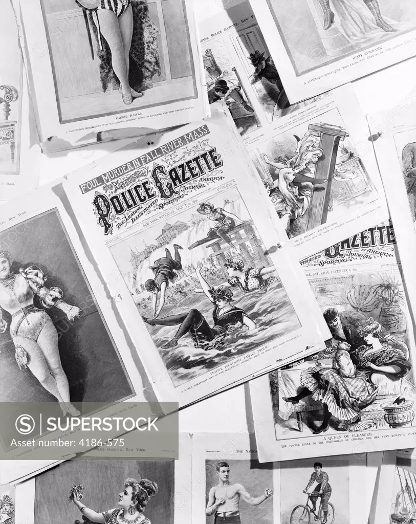1890S Montage Pages From Police Gazette Showing Vaudeville Burlesque & Sports Figures & Fashions