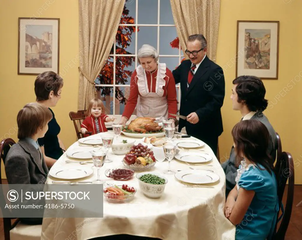 1970S Three Generation Family Having Thanksgiving Dinner