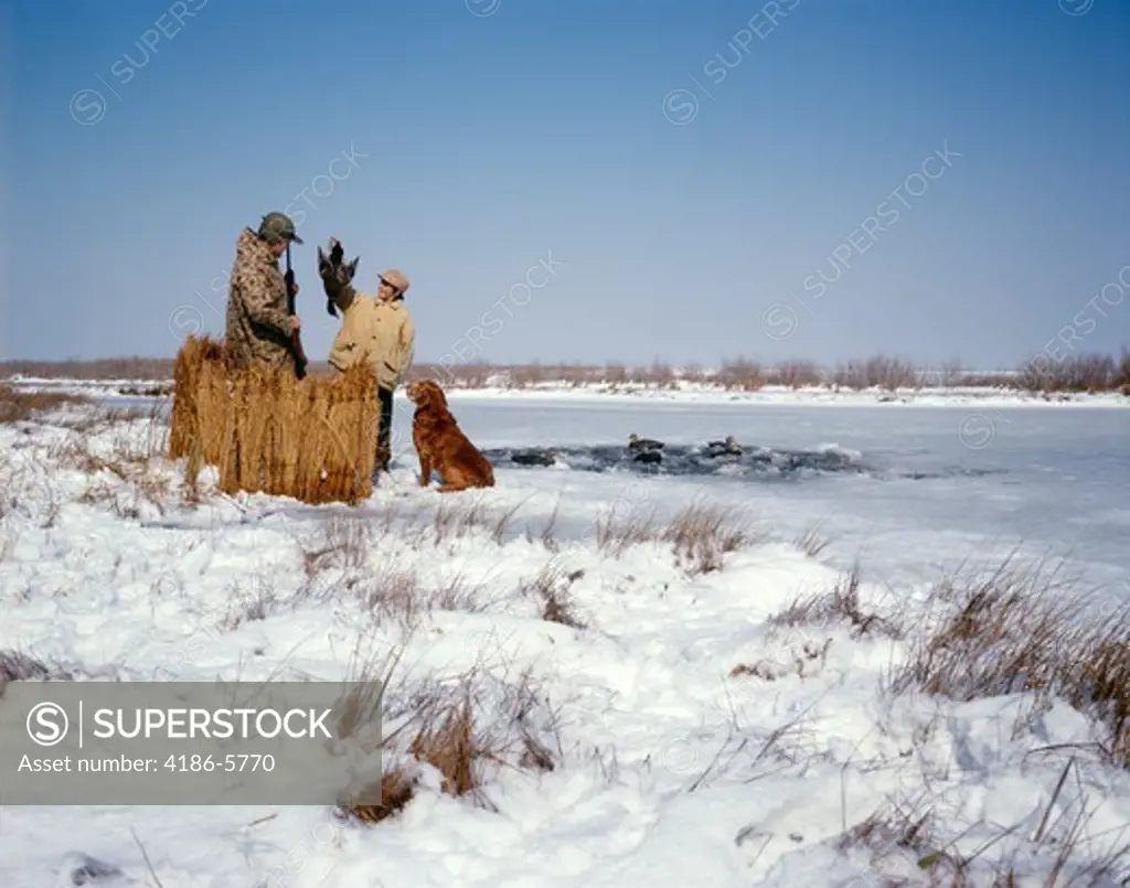 1970S Father Son Hunting  In Winter Snow With Golden Retriever Boy Holding Duck Deep Creek, Va