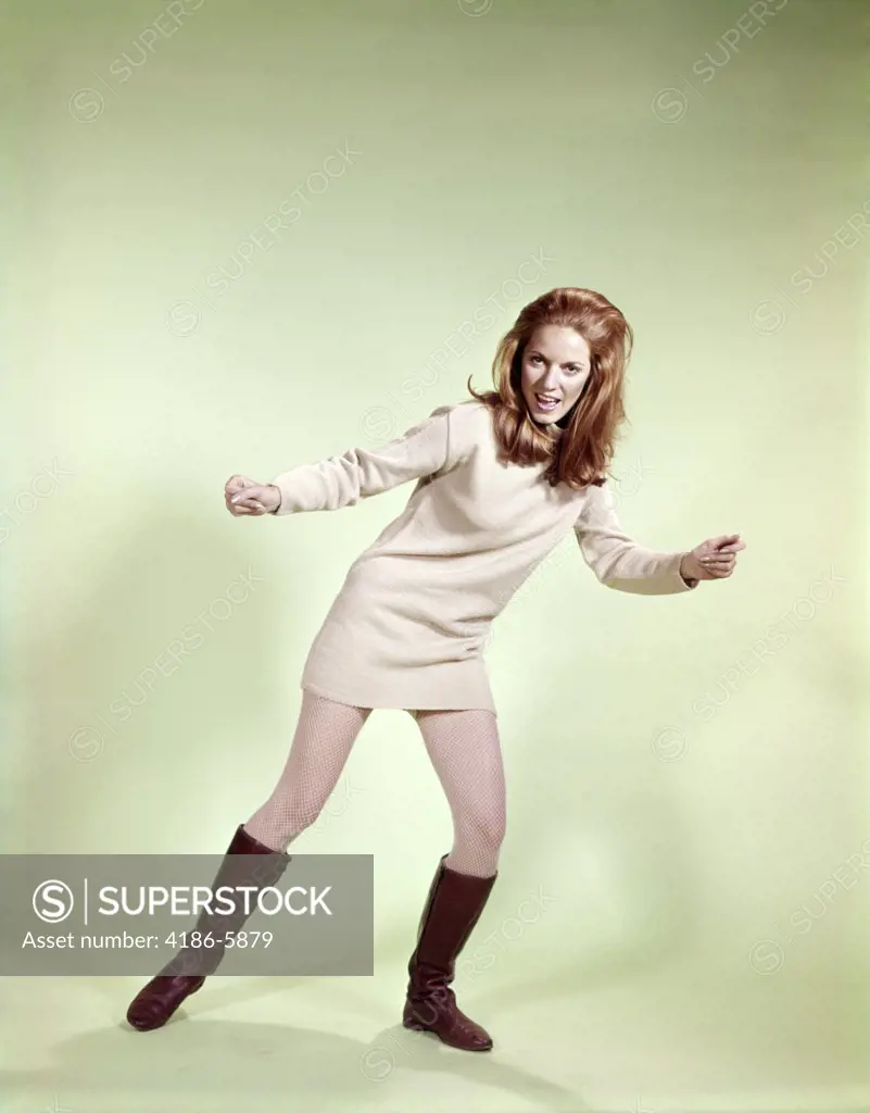 1960S Woman Dancer Boots Tan Mini-Skirt Dress Fishnet Stockings