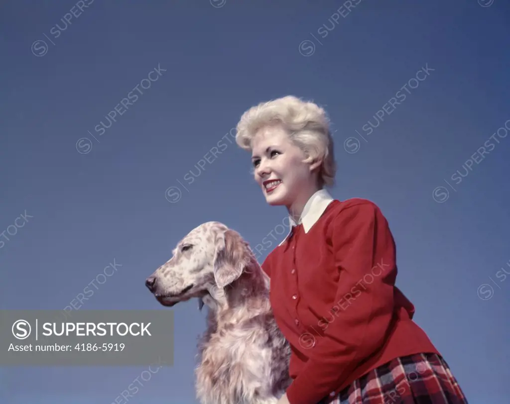 1950S Blond Woman In Red Sweater In A Profile Portrait With White And Brown English Setter Vintage