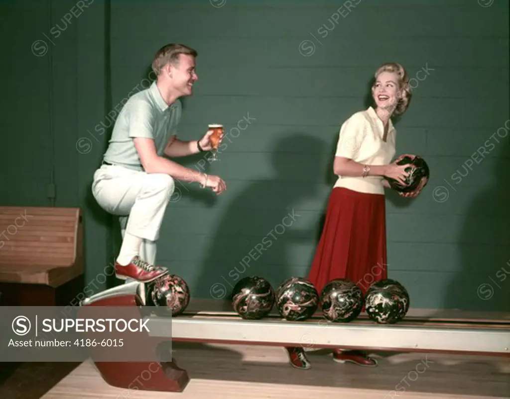 1950S Smiling Couple In Bowling Alley Woman Holding Ball Man With Glass Of Beer I