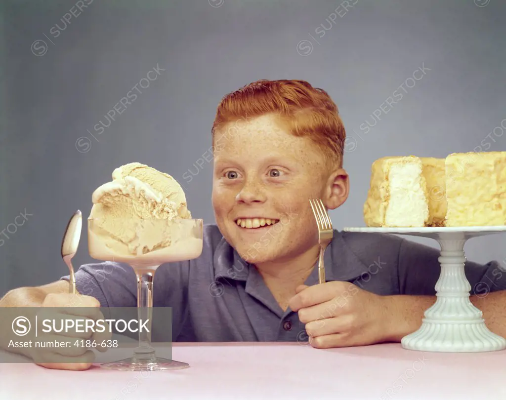 1950S Red Head Juvenile With Ice Cream And Cake