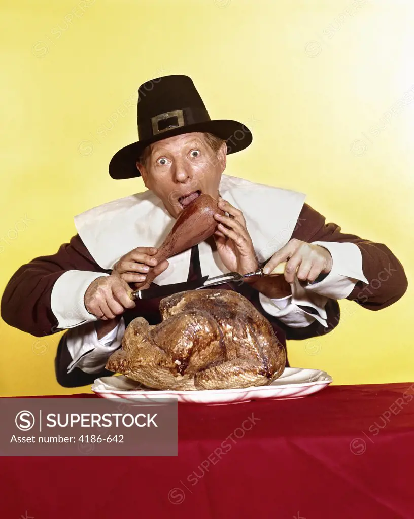 1964-1967 Danny Kaye Tv Show Danny Kaye As Thanksgiving Pilgrim With Four Hands Eating Turkey Carving Turkey