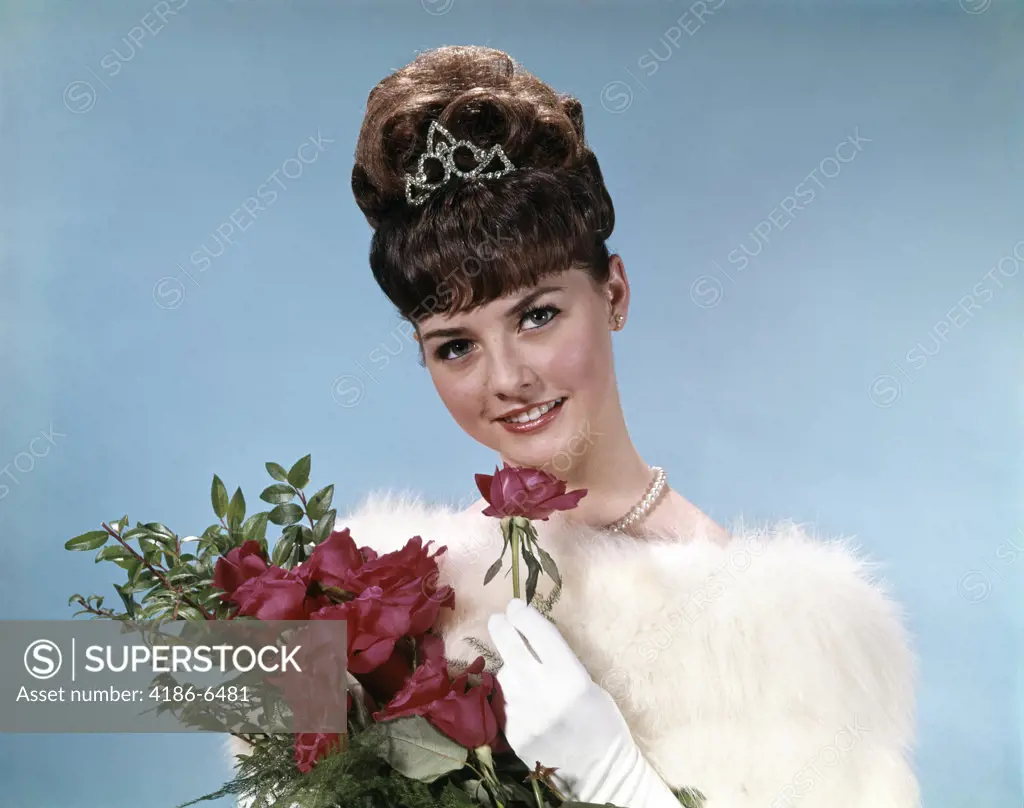 1960S Teenage Beauty Queen Holding Red Roses Wearing Fur Stole And Tiara
