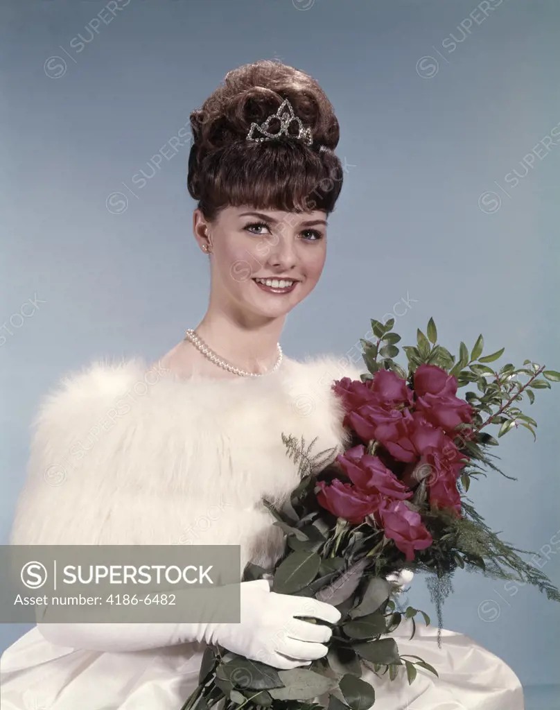 1960S Young Woman Wearing Crown White Fur Stole Gloves Holding Bouquet Of Red Roses