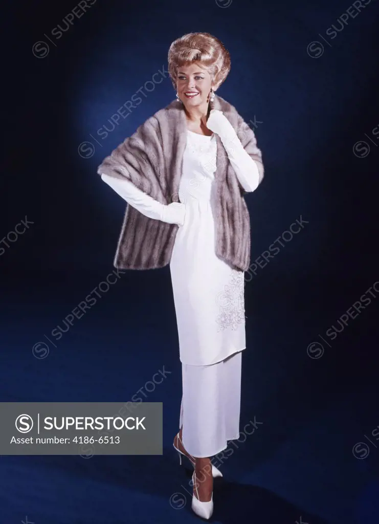 1960S Blond Middle Aged Woman Long White Gown Gloves Wearing Fur Stole Formal Attire Elegant Full Length