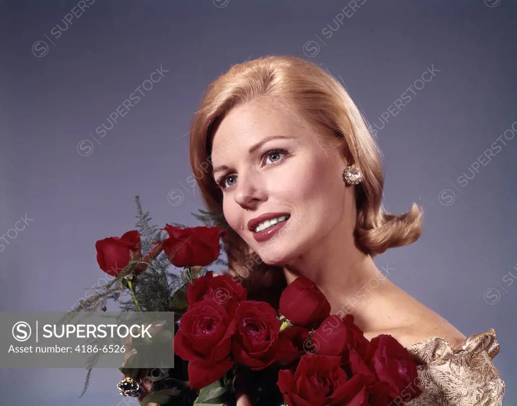 1960S Elegant Blond Woman Holding Bouquet Dozen Red Roses