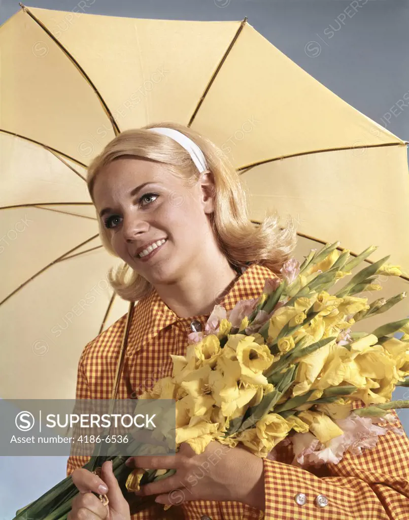 1960S Smiling Blond Woman Umbrella Holding Bouquet Yellow Gladiolas Spring