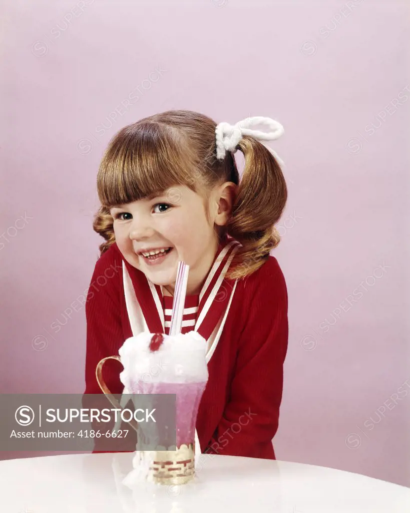 1960S 19670S Happy Little Girl With Ice Cream Soda Studio Ponytail