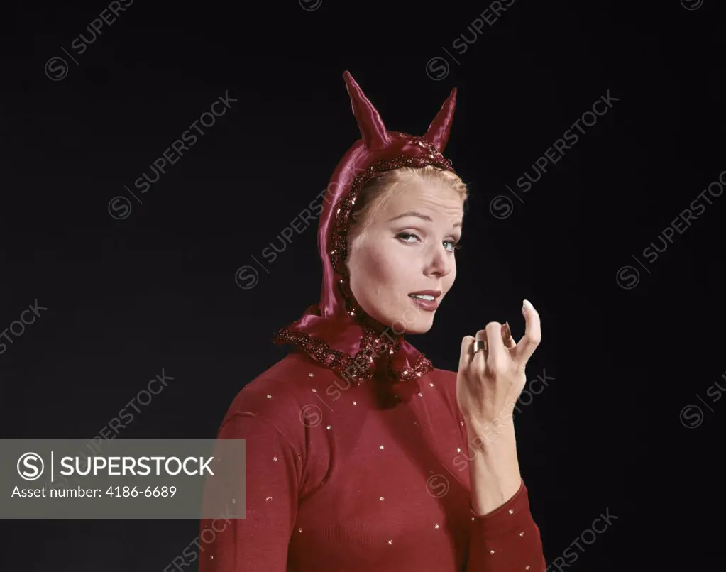 1960S Woman Red Devil Costume With Horns Beckoning With Index Finger Come Hither Gesture