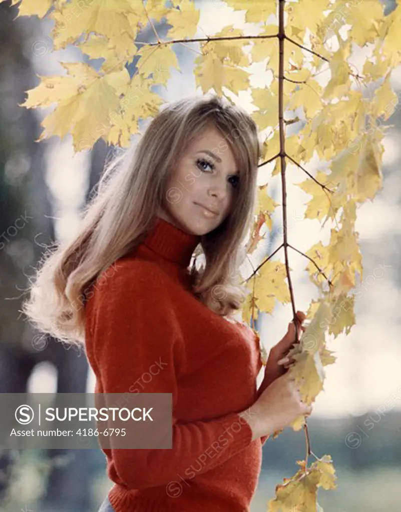 1970S Portrait Blond Woman Smiling In Autumn Tree Leaves
