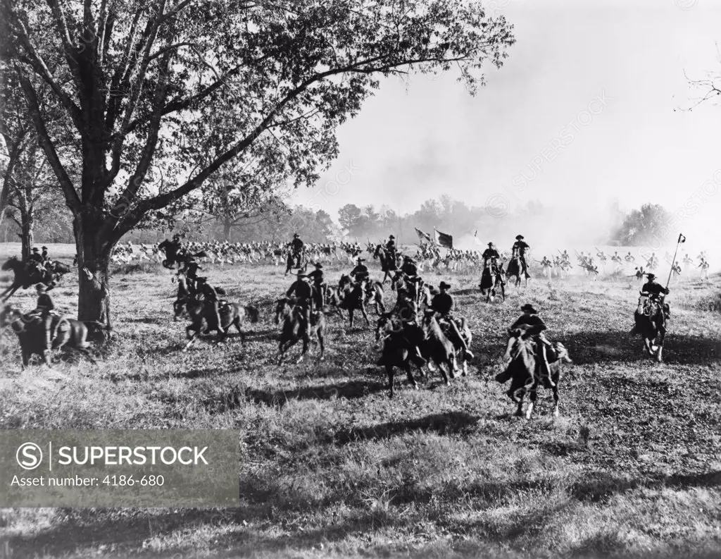 Army Regiment Cavalry Coming To Rescue Or Being Chased By Uniformed Troops Movie Still