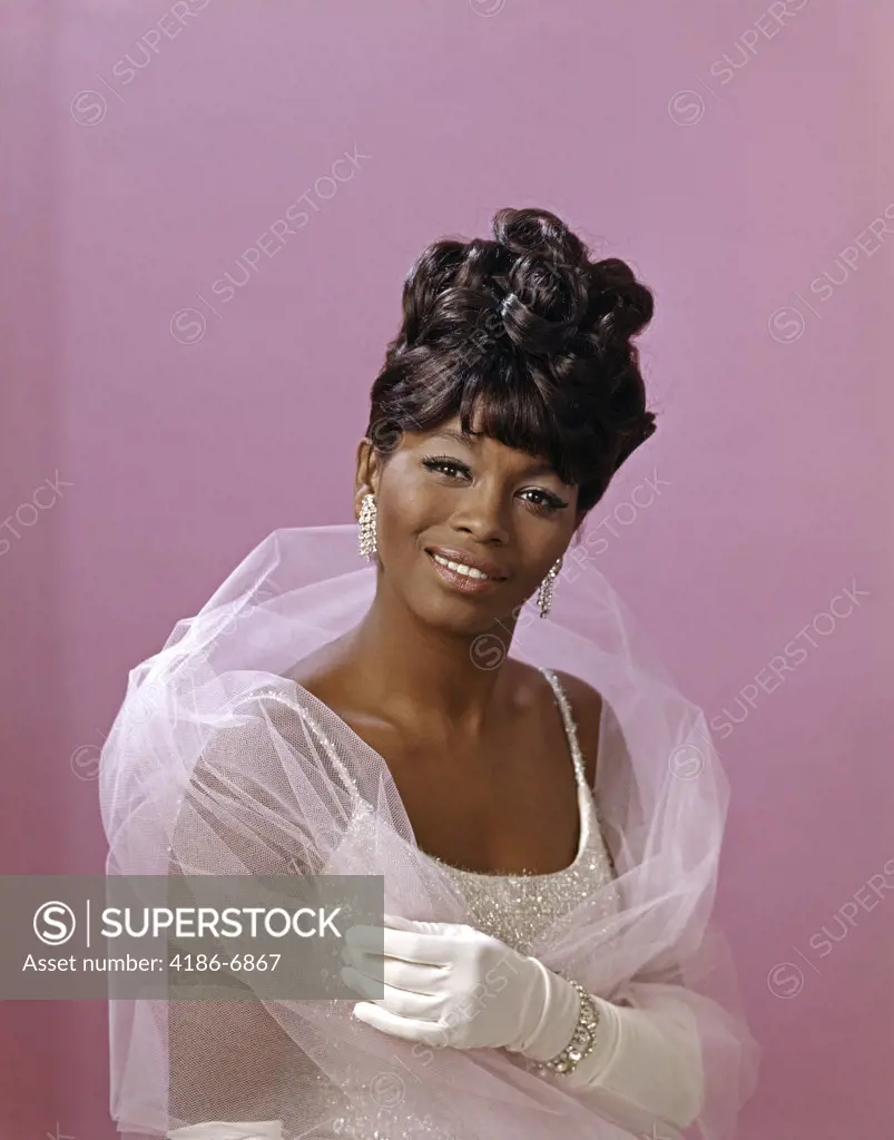 1960S 1970S Elegant Glamour Portrait African American Woman Smiling Wearing Formal Attire Gown Gloves Net Stole
