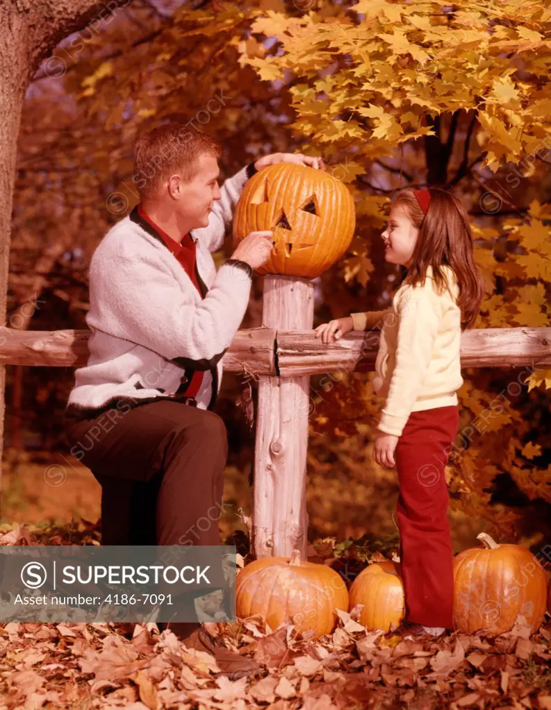 1960S Man Father And Girl Daughter  Carving  Halloween Jack-O-Lantern Pumpkin 