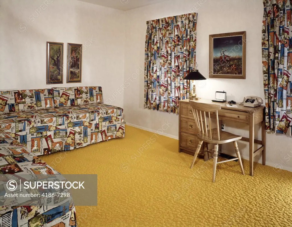 1960S Desk Twin Daybeds Print Fabric Bolsters Gold Wall To Wall Carpet