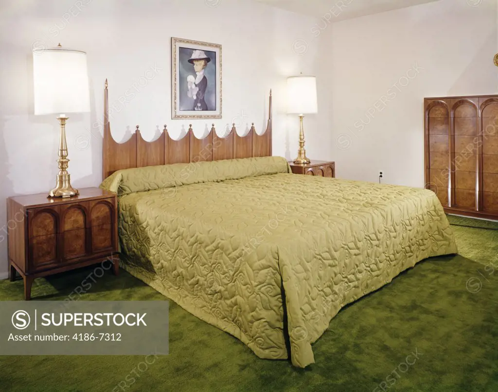 1970S Bedroom With Avocado Green Bedspread And Carpeting Bedside Tables And Gold Lamps