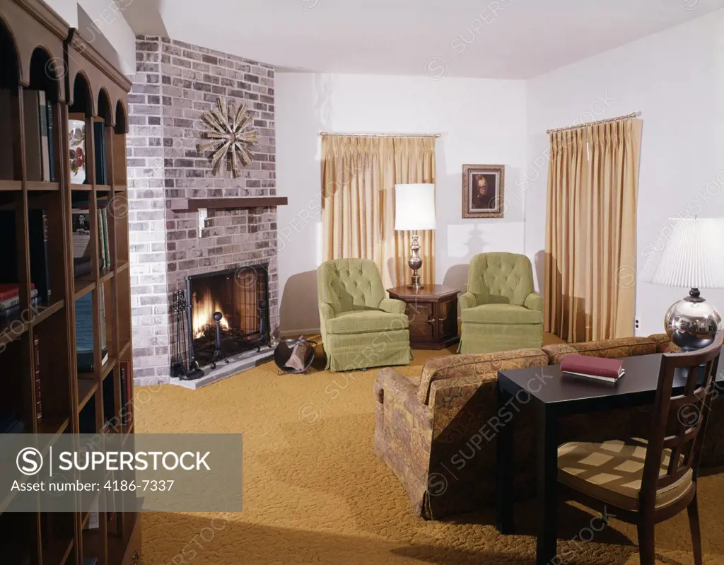 1960S 1970'S Living Room Interior Fireplace Inside