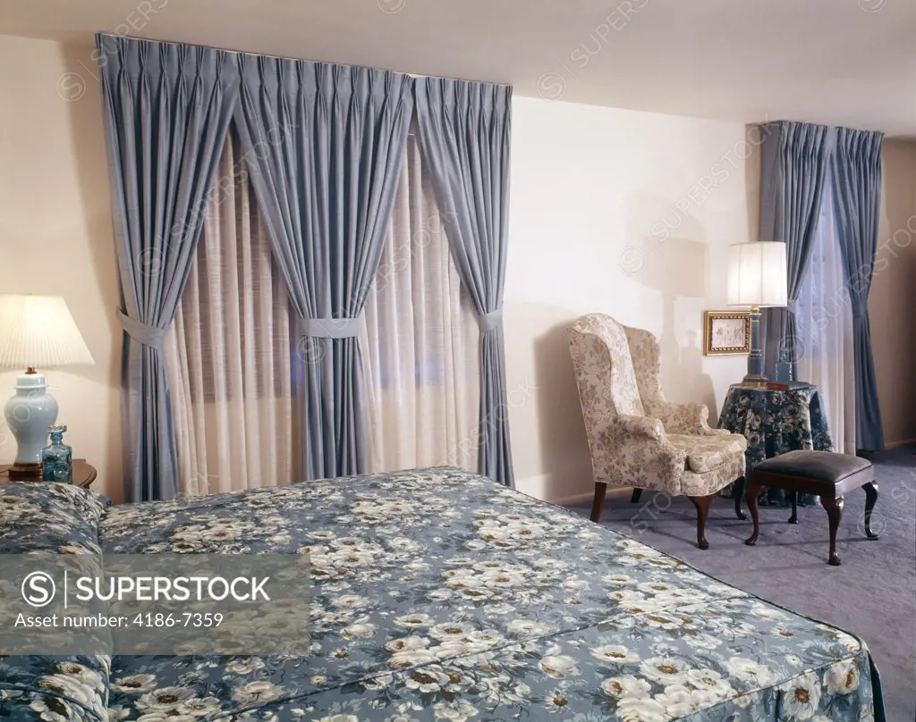 1960S 1970S Interior Bedroom Blue Curtains Floral Bedspread Blue Carpet Chairs Cherrywood Apartments Blackwood Nj