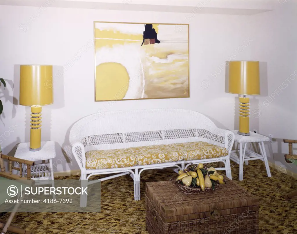 1970S Living Room Yellow Table Lamps White Wicker Sofa End Tables Abstract Painting Above Couch Coffee Table
