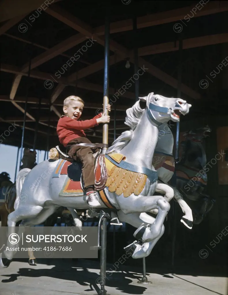 1950S Excited Boy Riding Carved Wooden Carousel Merry-Go-Round Horse  