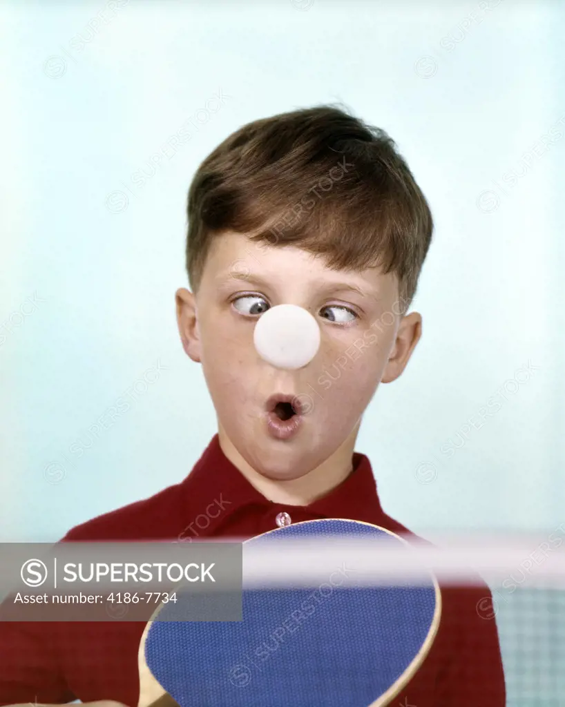 1960S 1970S Funny Cross-Eyed Boy Red Shirt Ping Pong Ball Stuck On Nose Humor