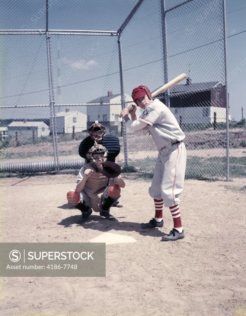 1950S 3 Kids Play Youth League Baseball At Bat Home Plate Batter Catcher Umpire Sand Lot Fence Uniforms Sport