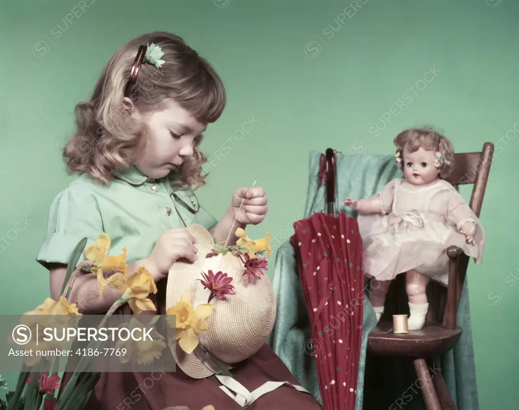 1950S Girl Child Sewing Flowers On Straw Hat Daffodils Baby Doll Toy High Chair Umbrella Spring Easter Bonnet