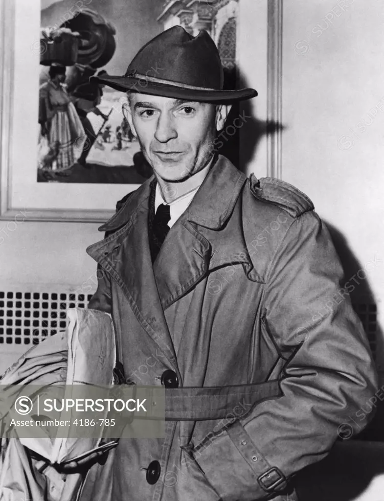 Portrait Ernie Pyle Wearing Hat Trench Coat