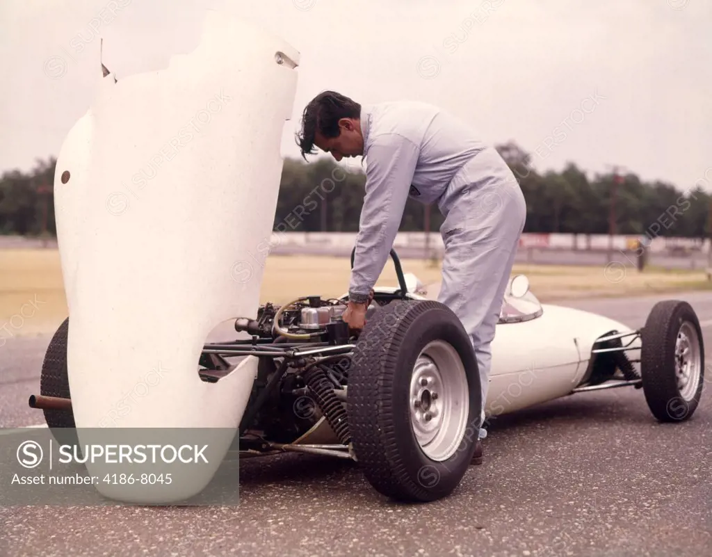 1960S 1970S Man Mechanic Hood Up White Sports Race Racing Car Work Working On Engine
